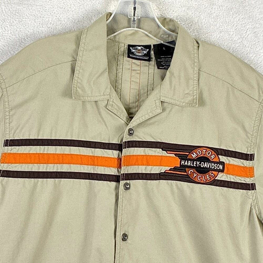 Harley Davidson Camp Shirt Men L Tan Twill Embroidered Moto Mechanic Motorcycles